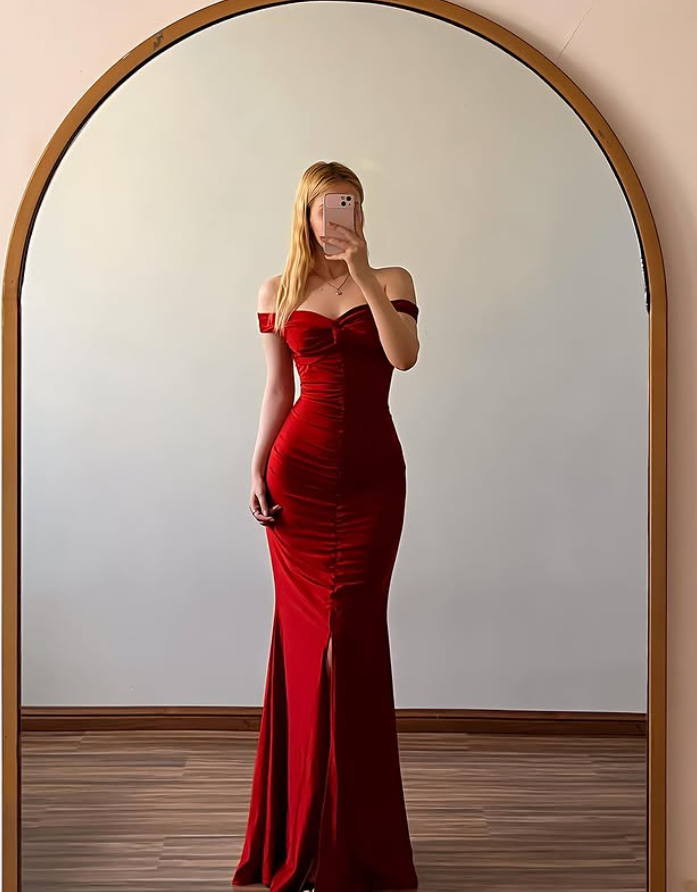 Vintage Red Mermaid Off the Shoulder Satin Prom Dress Evening Dress SH6974