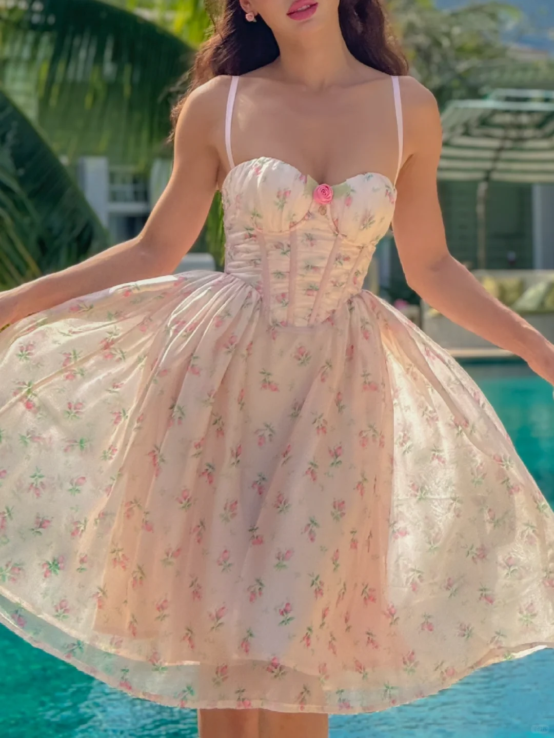 Cute A Line Spaghetti Strap Pink Print Floral Chiffon Short Vacation Dress Outfits SH4288