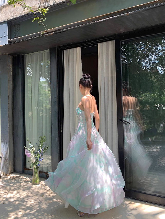 Dreamy Multi-color A Line Strapless Ruffle Chiffon Long Prom Dress Party Dress SH4038