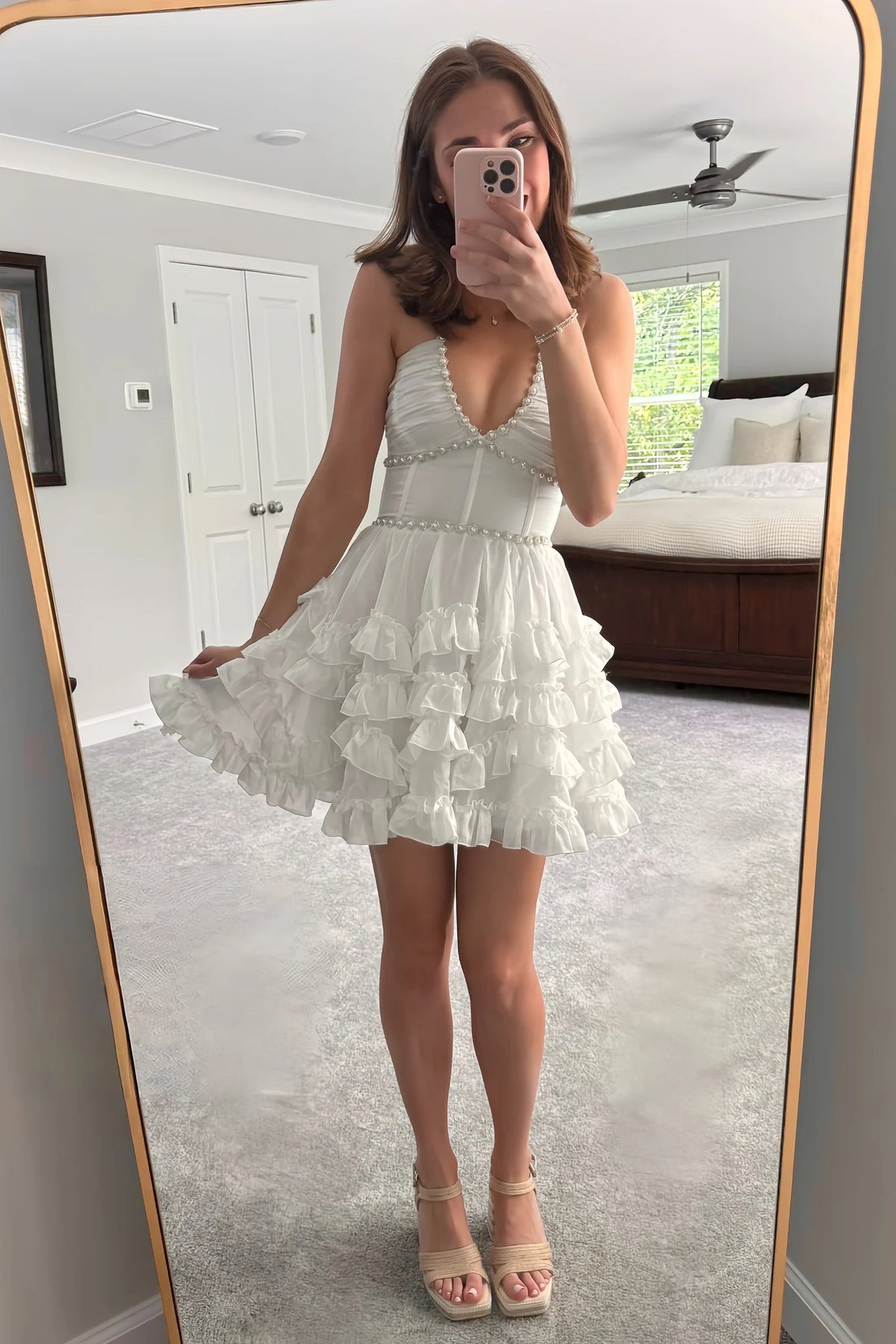 Trendy A Line Halter Neck White Short Homecoming Dress with Pearls Ruffles SH7903