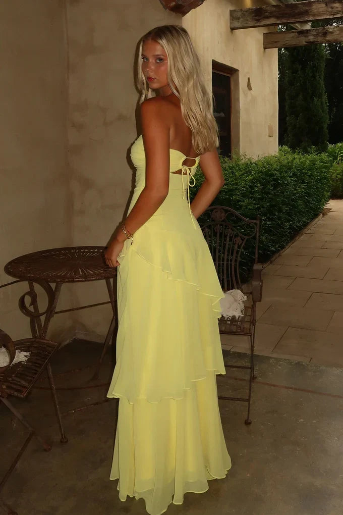 Trendy A Line Sweetheart Yellow Long Prom Dress with Ruffles Keyholes SH8297