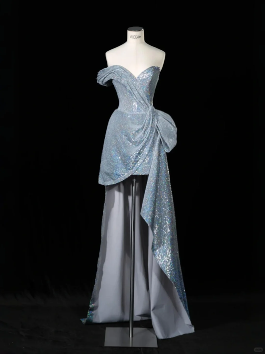 Shiny A Line Strapless Blue Sequin Short Long Sweep Party Dress Evening Dress SH3379