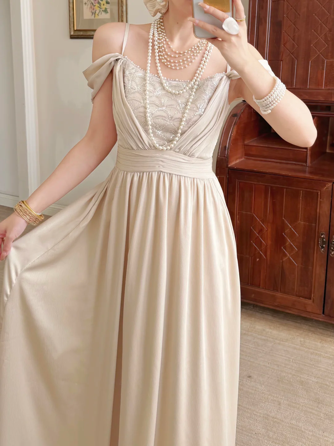 Pretty A Line Spaghetti Straps Beaded Satin Long Prom Dress Evening Dress SH6053