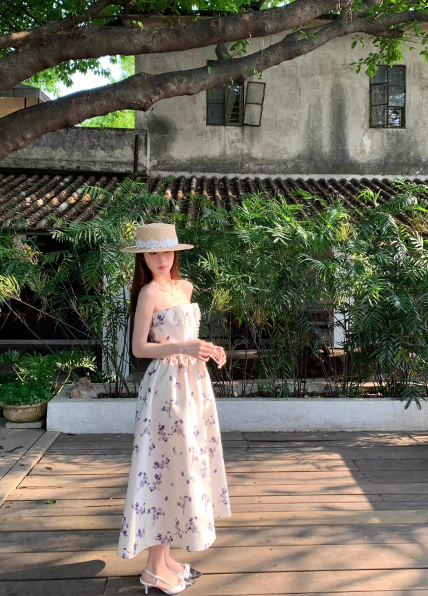 Purple Print Floral A Line Strapless Satin Long Prom Dress Party Dress Birthday Dress SH3756