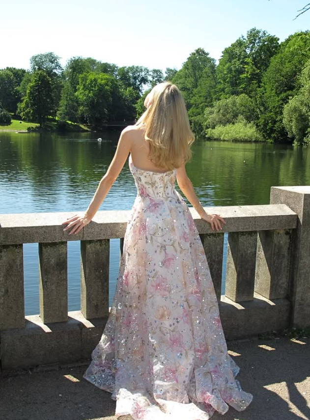 Beautiful A Line Strapless Sequin Floral White Tulle Long Prom Dress Date Dress SH6507