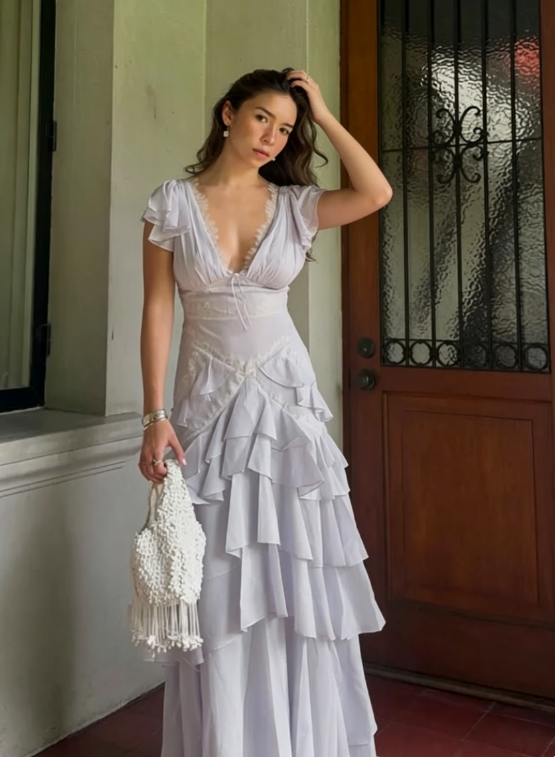 Light Purple A Line V Neck Layered Chiffon Long Prom Dress Outfits SH5494