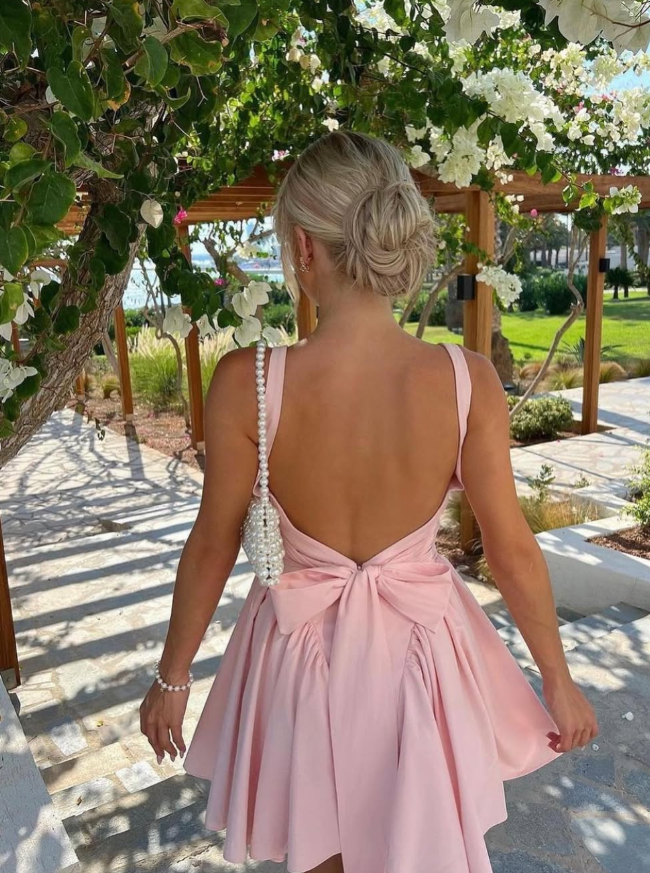 Pink A Line Straps Satin Short Homecoming Dress Cocktail Dress with Bow SH3252