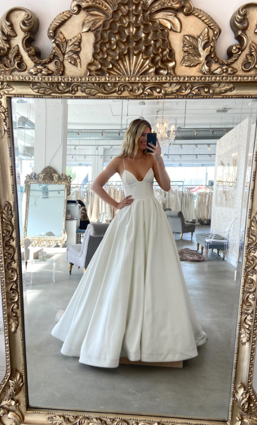 Cute Ball Gown Spaghetti Strap White Satin Long Wedding Dress SH8391