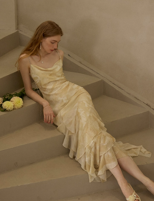 Apricot Mermaid Spaghetti Strap Ruffle Chiffon Long Prom Dress Party Dress SH4147