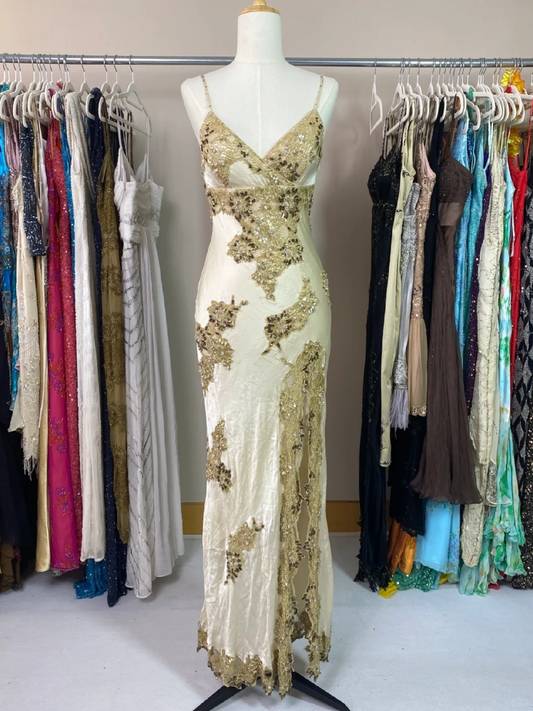 Vintage Sheath Spaghetti Strap Lace Champagne Satin Party Dress Evening Dress with Slit SH3345