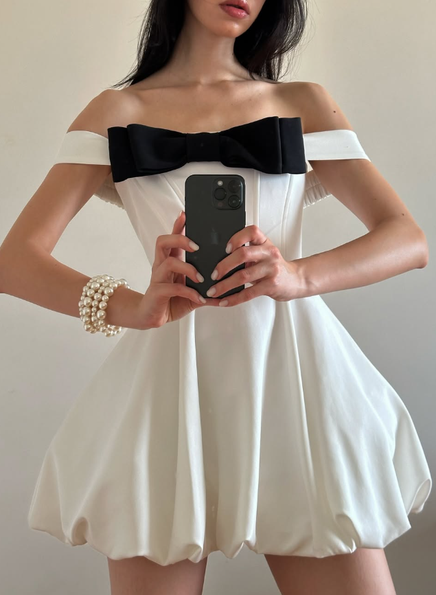 Cute Bow A Line Off the Shoulder White Satin Short Homecoming Dress Party Dress SH3959