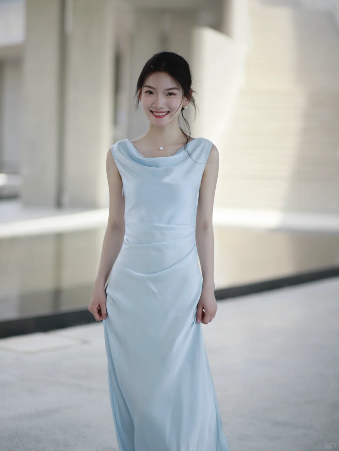 Gentle Baby Blue Sheath Straps Pleated Satin Prom Dress Evening Dress SH4215