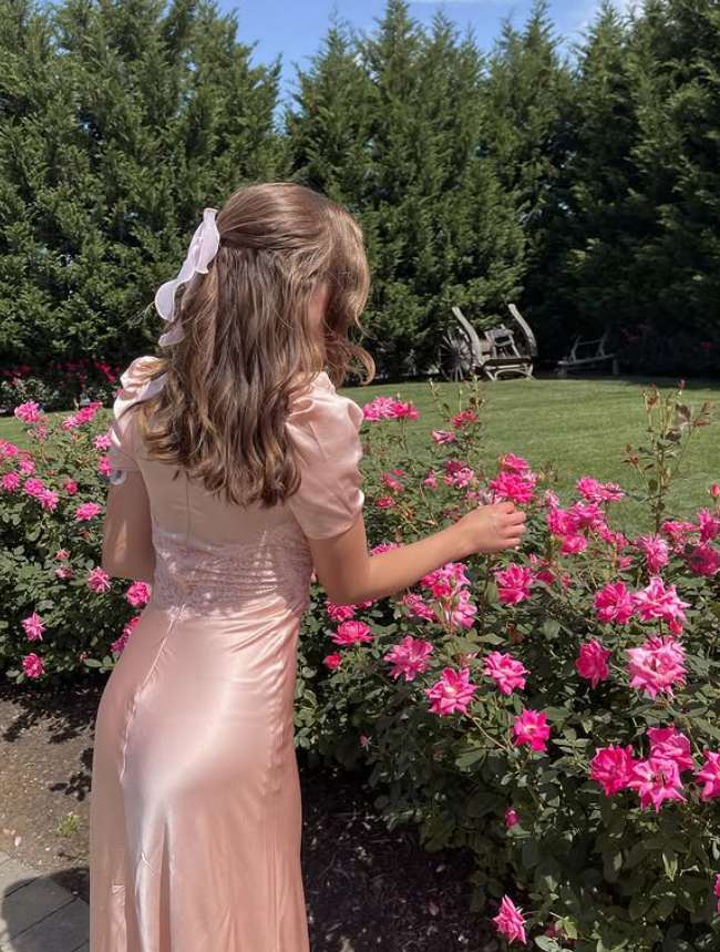 Gentle Light Pink A Line Puff Lace Satin Prom Dress Outfits SH4866