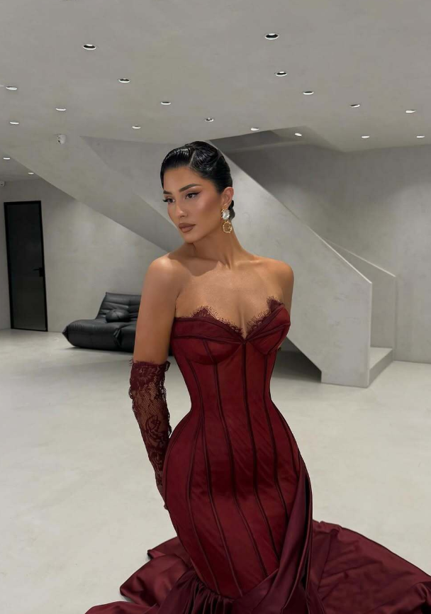 Sexy Burgundy Mermaid Strapless Lace Tulle Satin Prom Dress Wedding Guest Dress SH4700