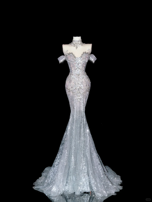 White Elegant Mermaid Off the Shoulder Beaded Lace Long Prom Dress Party Dress SH3494