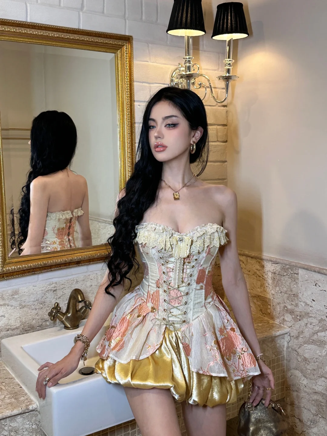 Golden A Line Sweetheart Neck Lace Satin Short Prom Dress Homecoming Dress SH4461