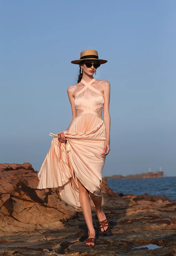 Elegant A Line Halter Pleated Satin Open Back Prom Dress Vacation Dress SH3992