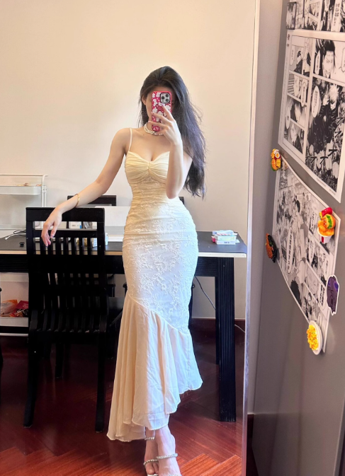 Apricot Mermaid Spaghetti Strap Lace Chiffon Long Party Dress Evening Dress SH3132