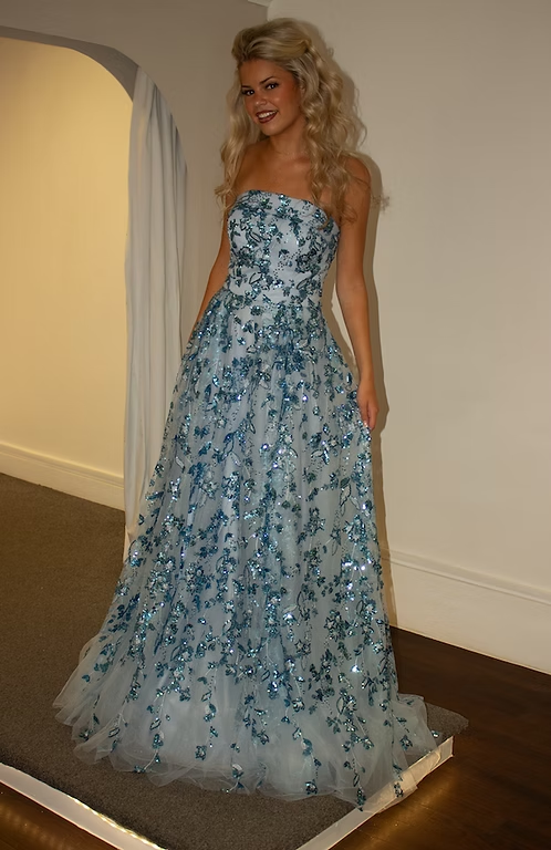Sweety Blue A Line Strapless Shiny Sequin Tulle Long Prom Dress Evening Dress SH8826