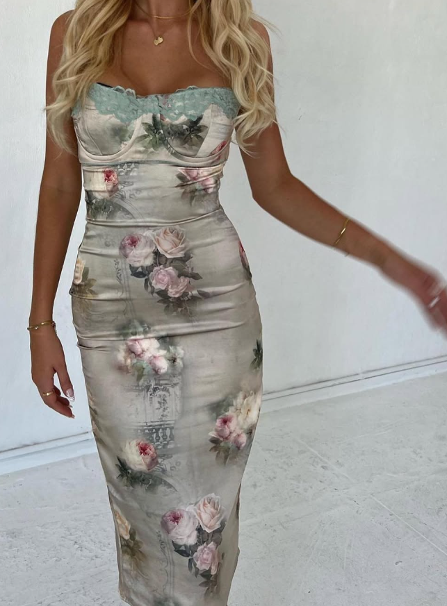 Sexy Sheath Spaghetti Strap Lace Print Floral Satin Prom Dress Evening Dress SH2048