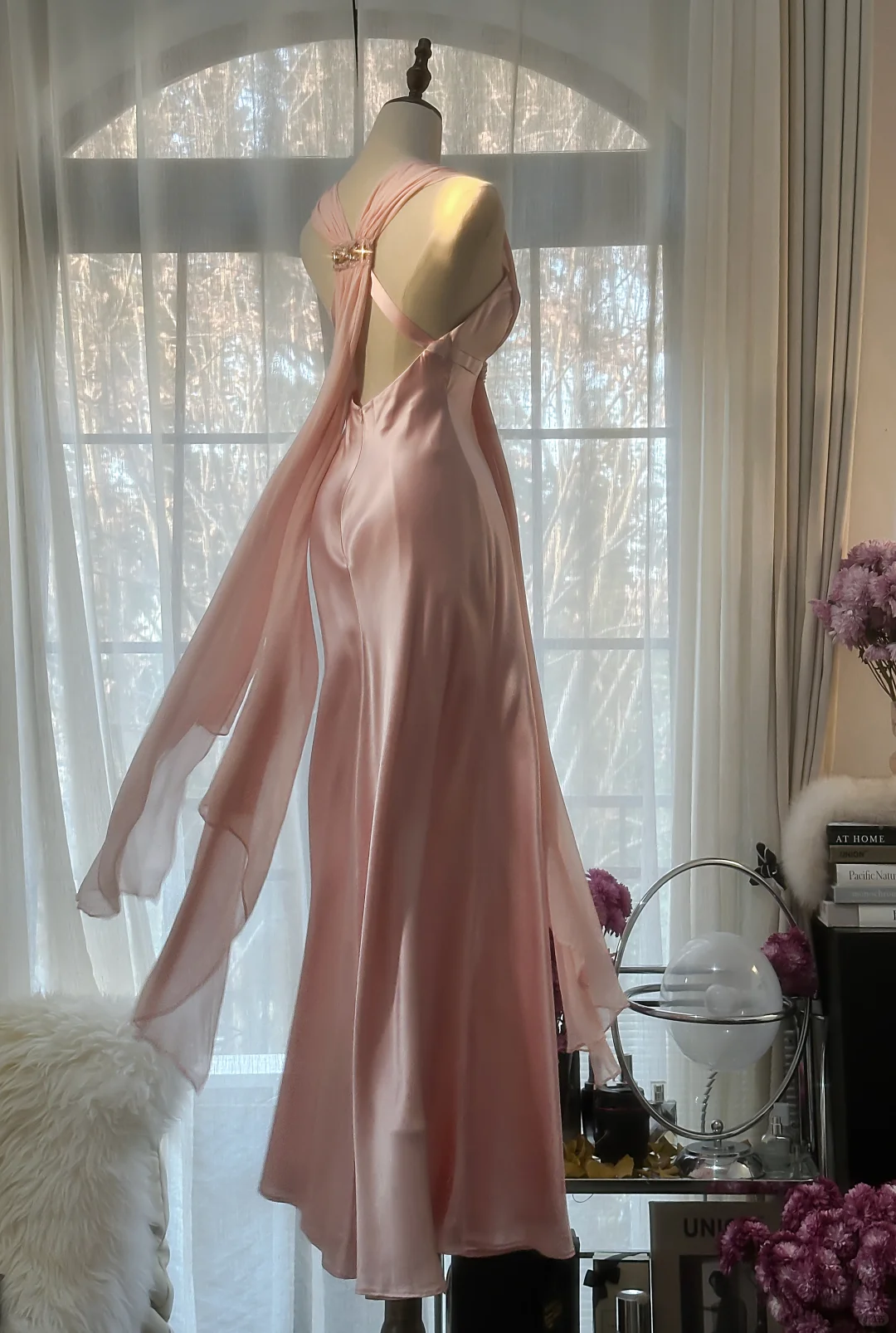 Classy A Line V Neck Beaded Pink Chiffon Satin Long Party Dress Evening Dress SH2937