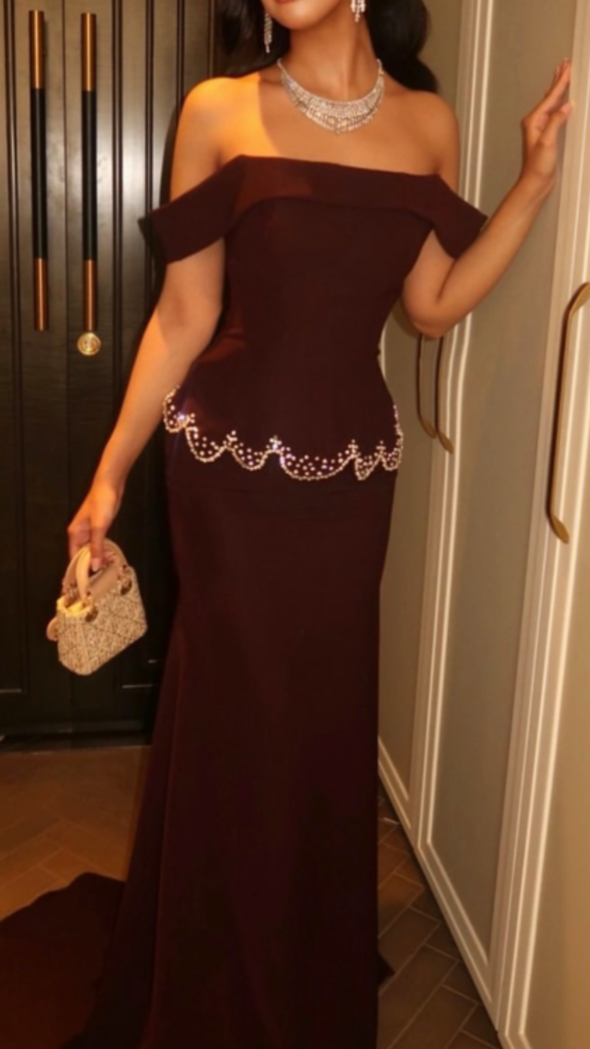 Elegant Brown Red Mermaid Off the Shoulder Beaded Satin Long Prom Dress Evening Dress SH8356
