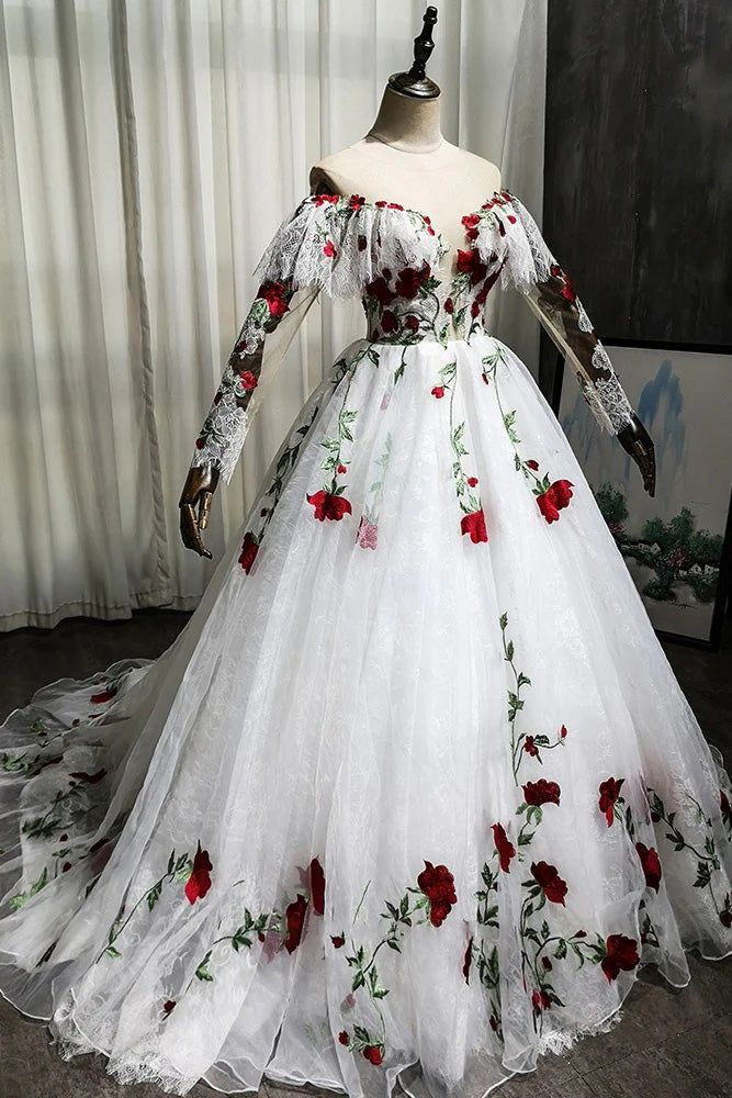 Off The Shoulder Lace Tulle Appliques Prom Dress Wedding Dress Quinceanera Dress SH932