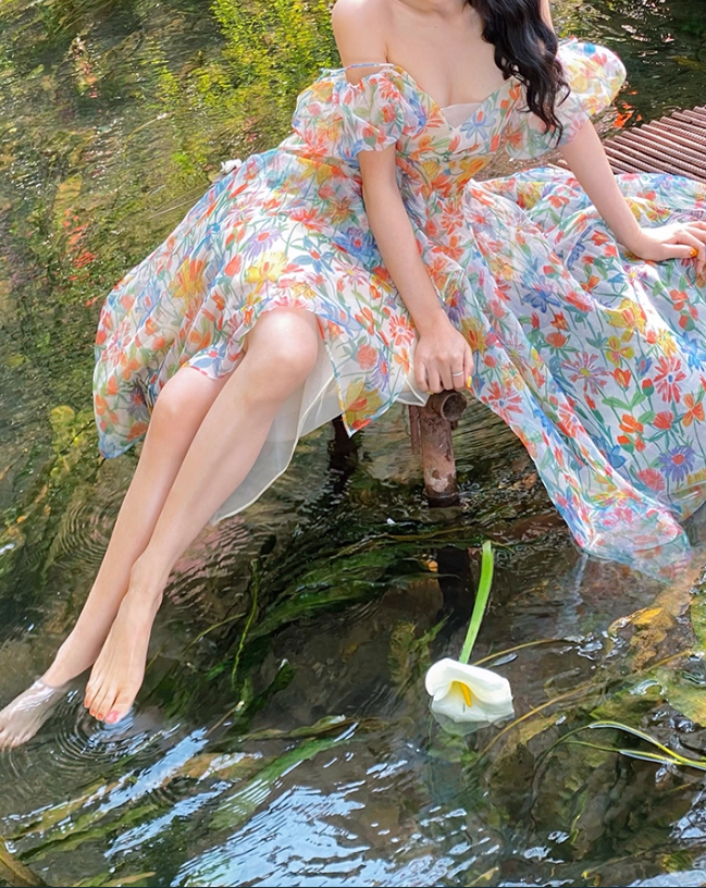 Unique Print Floral A Line Off the Shoulder Chiffon Long Prom Dress Party Dress SH4034
