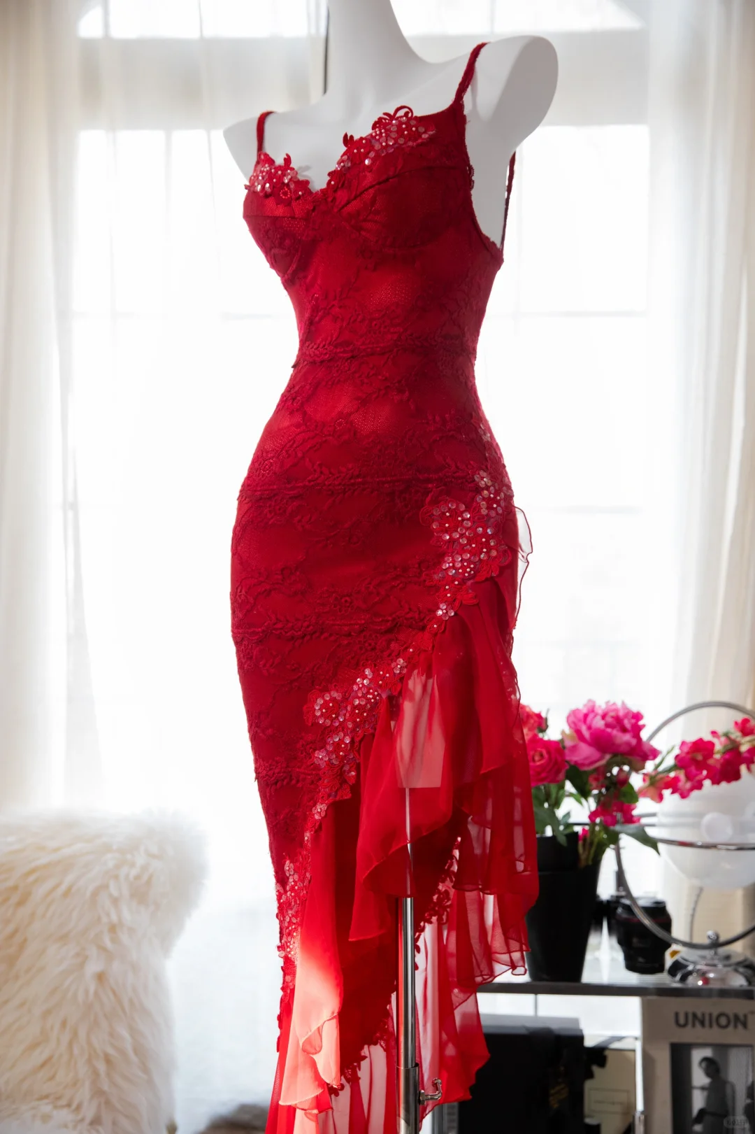 Sexy Sheath Spaghetti Strap Red Lace Chiffon Party Dress Evening Dress SH2956