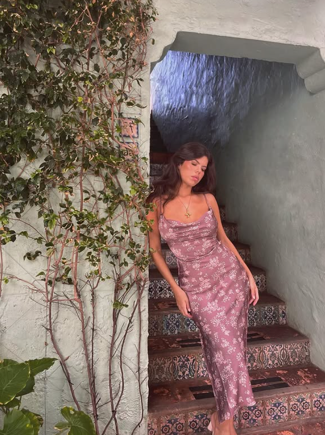 Dark Purple Sheath Spaghetti Strap Print Floral Satin Prom Dress Party Dress SH4604