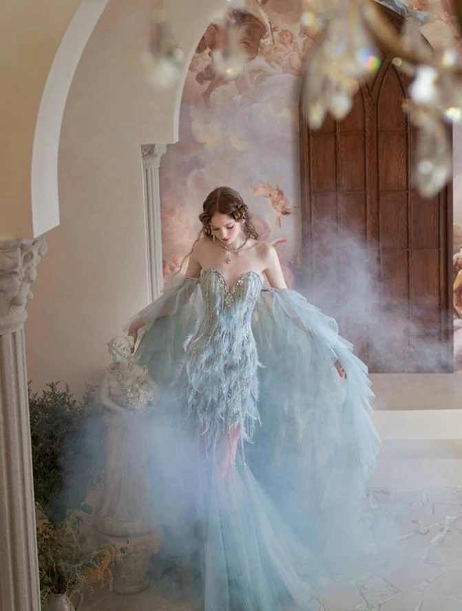 Dreamy Blue Mermaid Sweetheart Neck Feather Tulle Prom Dress Party Dress SH4079