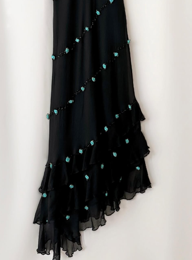 Vintage Blue Floral Black Beaded Ruffles Chiffon Prom Dress Evening Party Gowns SH3537