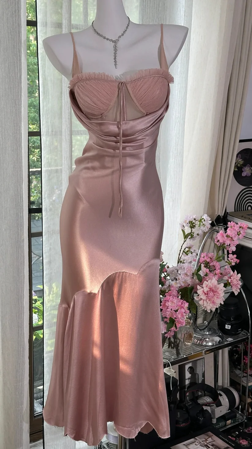 Pink Mermaid Spaghetti Strap Simple Satin Tulle Date Dress Evening Dress Wedding Guest Dress SH3435