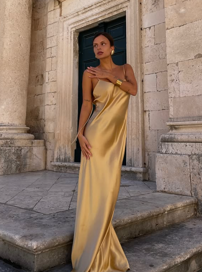 Simple Pecan Bronze A Line Spaghetti Strap Satin Open Back Prom Dress Wedding Guest Dress SH4450