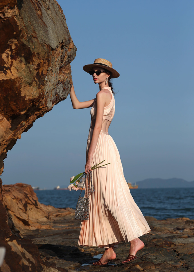 Elegant A Line Halter Pleated Satin Open Back Prom Dress Vacation Dress SH3992