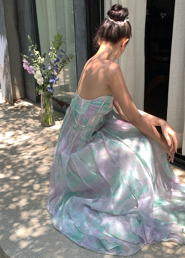 Dreamy Multi-color A Line Strapless Ruffle Chiffon Long Prom Dress Party Dress SH4038