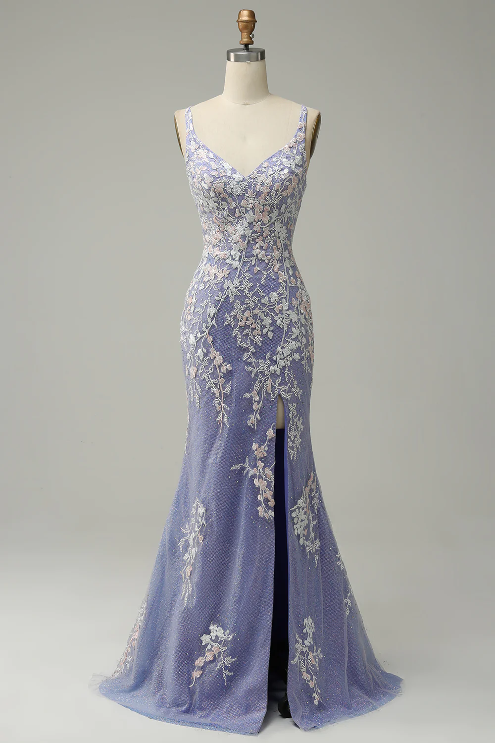 Charming Mermaid V Neck Light Blue Long Prom Dress With Appliques SH616