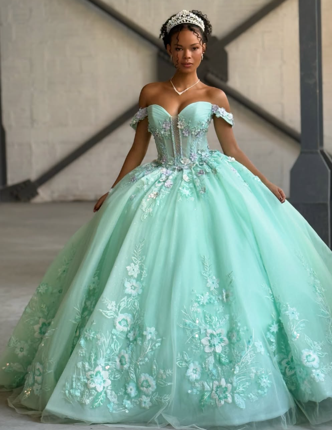 Pretty Green Ball Gown Off the Shoulder Appliques Tulle Sweet 16 Dress – shinydress