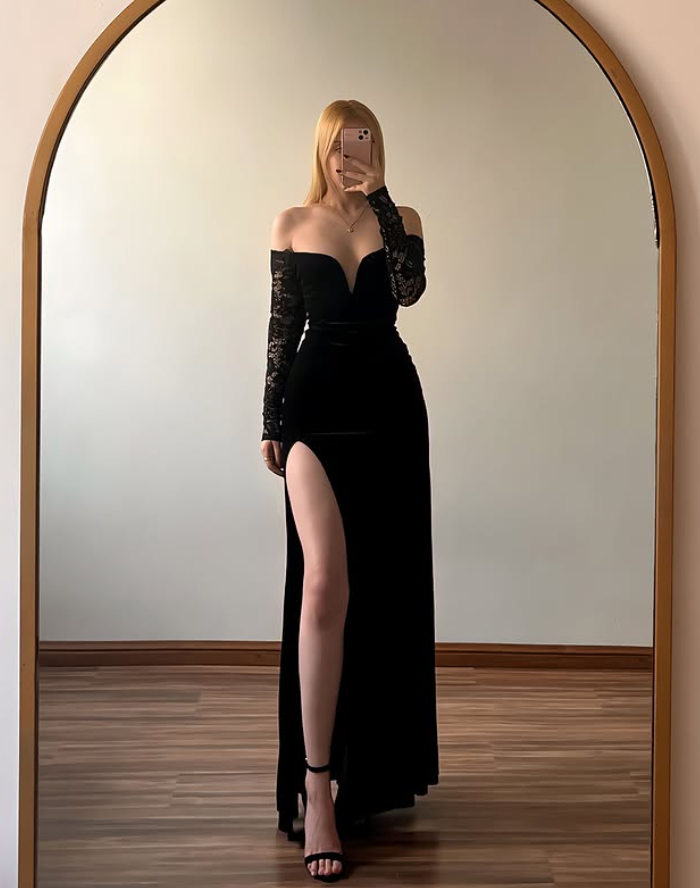 Vintage Black Sheath Long Sleeve Lace Velvet Prom Dress Evening Dress with Slit SH6979