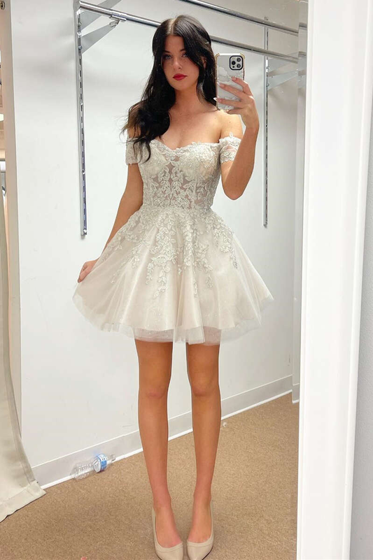 White Applique Off-the-Shoulder A-Line Short Graduation Gown,Charming Homecoming Dress SH625