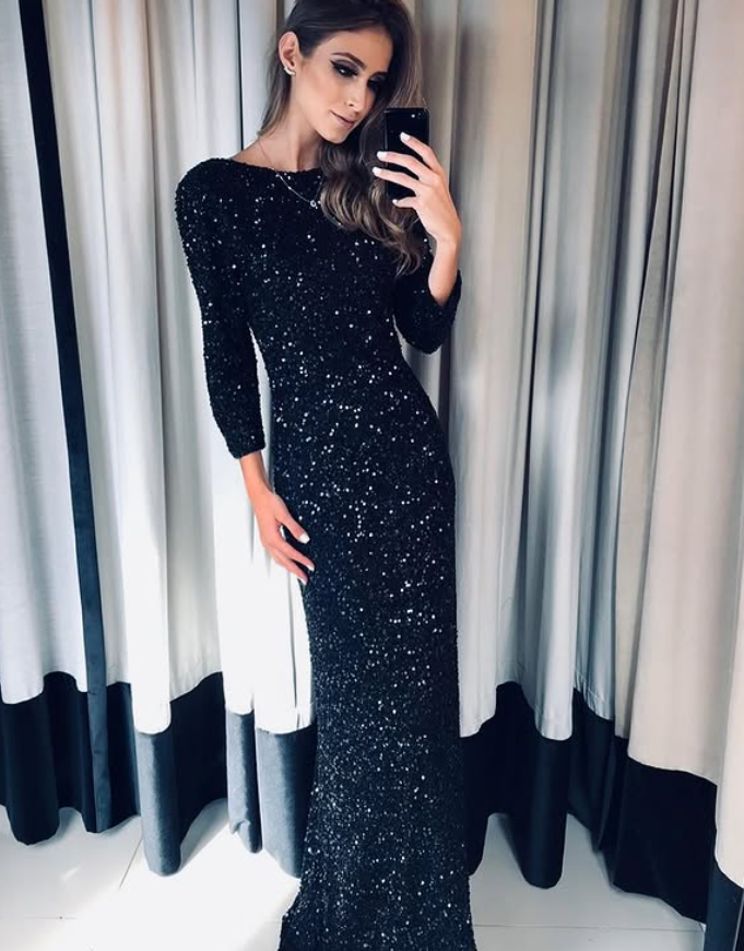 Sexy Black Sheath Long Sleeve Sequin Backless Long Prom Dress Evening Dress SH6545