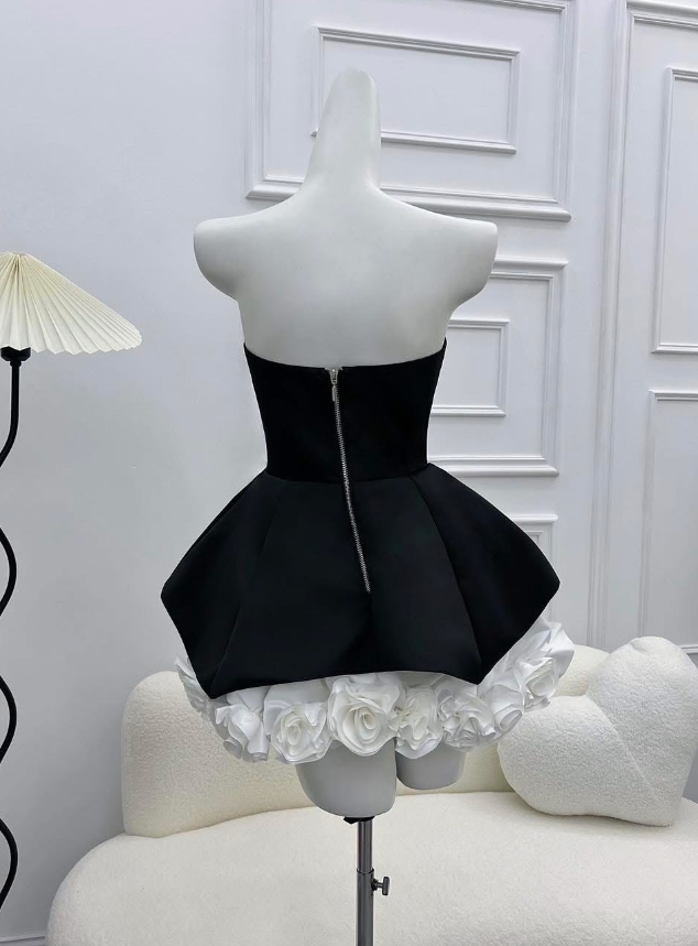 A Line Strapless Flower White Satin Black Velvet Short Homecoming Dress Cocktail Dress SH3119
