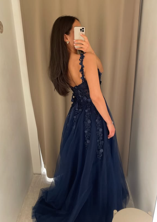 Navy Blue A Line Straps Appliques Lace Tulle Long Prom Dress Party Evening Dress SH5708