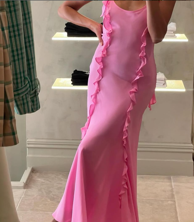 Cute Mermaid Straps Ruffle Pink Chiffon Prom Dress Graduation Prom Dress SH2643