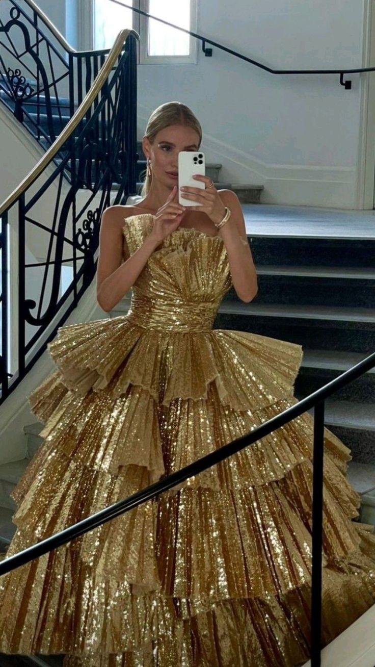gold tiered prom dress Metallic Gold Strapless Ruffle Tiered Prom Dress
