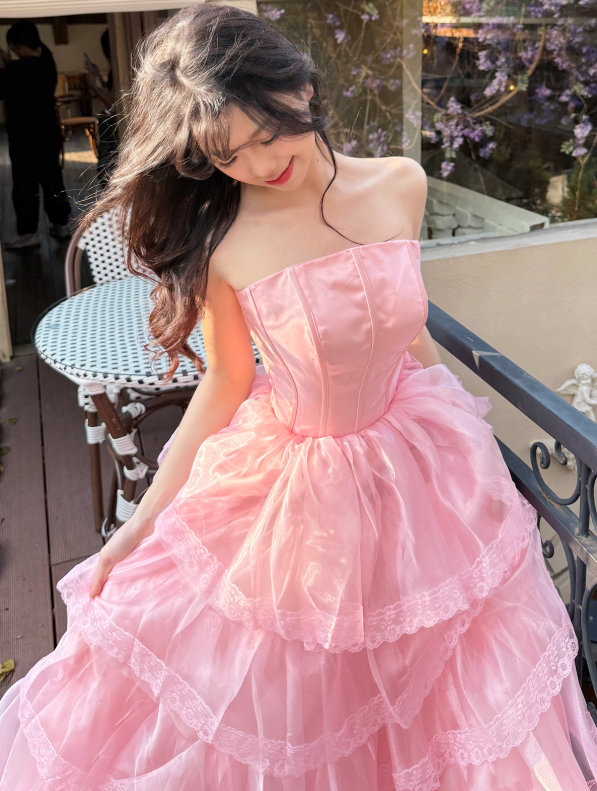 Pink Ball Gown Strapless Corset Layered Organza Prom Dress 16th Birthday Dress SH4088