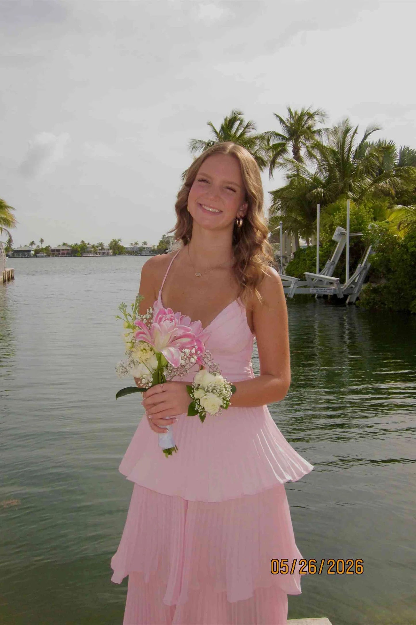 Gentle Pink A Line Spaghetti Strap Layered Chiffon Prom Dress Evening Dress SH6219