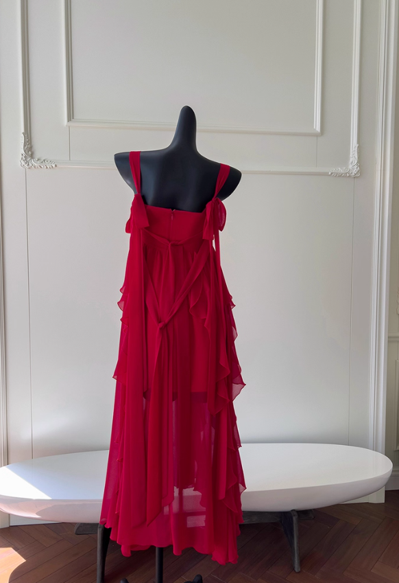 Burgundy Flowy A Line Spaghetti Strap Ruffle Chiffon Prom Dress Vacation Dress SH4502