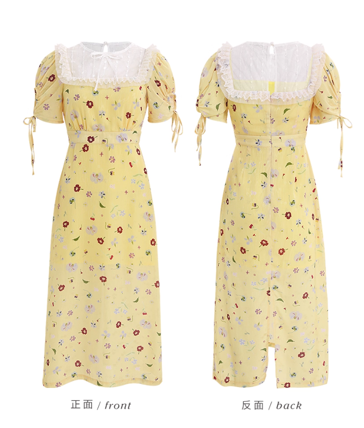 Cute A Line Puff Print Floral Lace Yellow Chiffon Summer Dress Party Dress Outfits SH4175