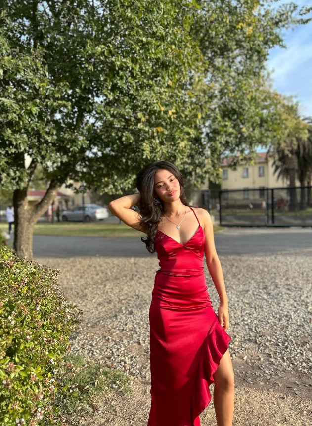 Burgundy Sheath Spaghetti Strap Ruffle Satin Open Back Prom Dress Party Dress SH4014